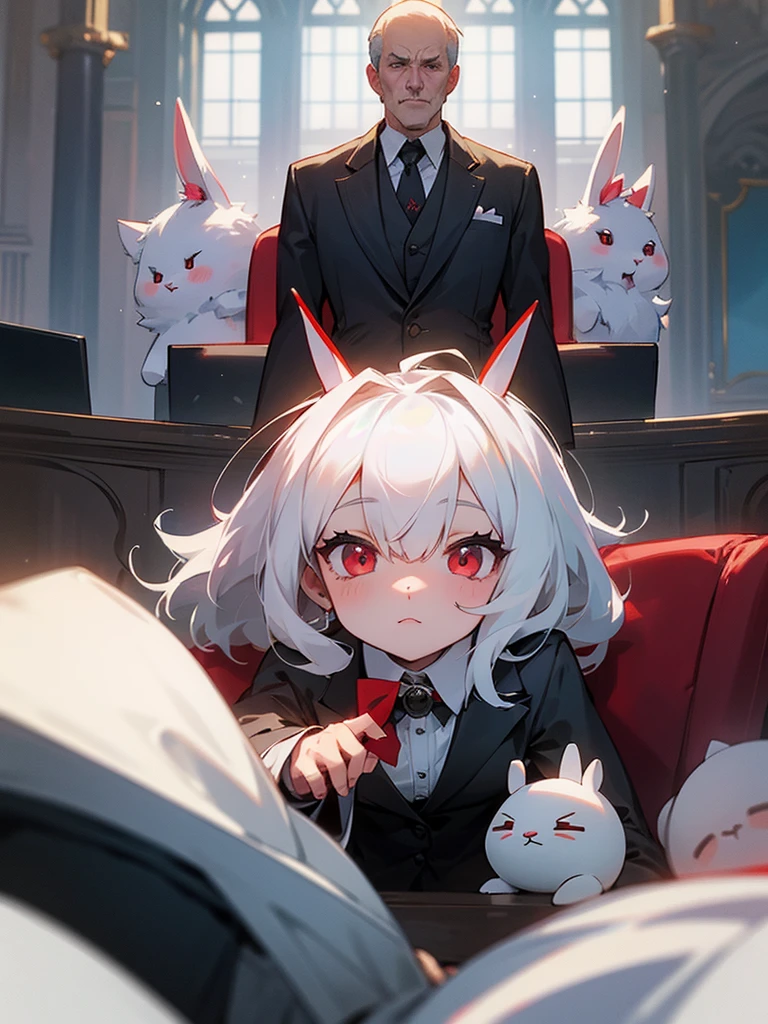 A little plush bunny, wearing black suit, red eyes, academy principal, fantasy world, medieval enviroment, inside an office, fluffy bunny, plush bunny