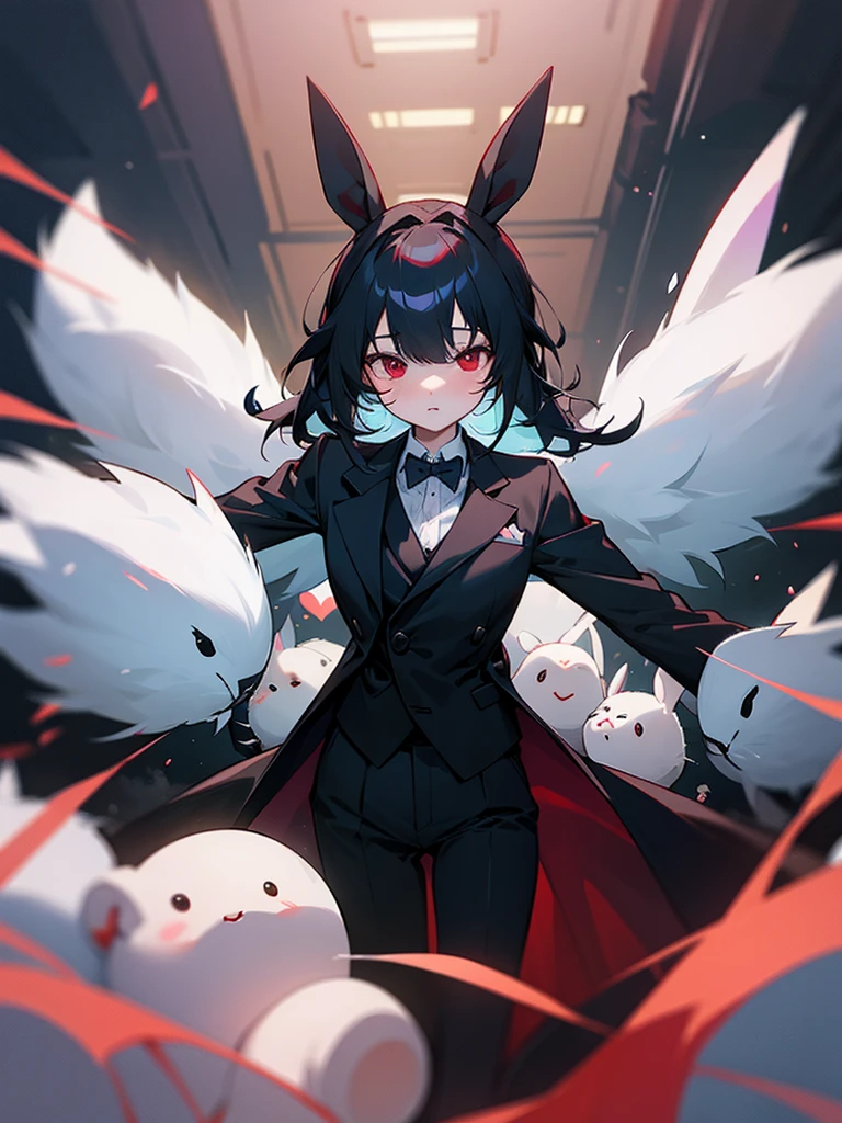 A little plush bunny, wearing black suit, red eyes, academy principal, fantasy world, medieval enviroment, inside an office, fluffy bunny, plush bunny