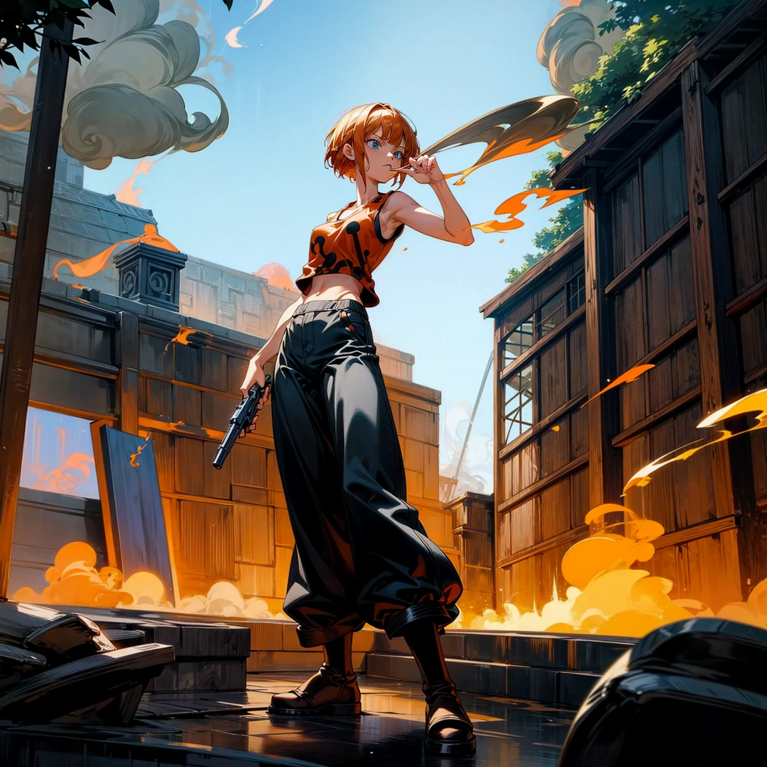 Background in the outdoor bar, Grassroots, one piece style art, Full body version, women, orange hair, short bob hairstyle, black singlet t-shirt, long pants, brown boots, blue eyes, standing battle gesture, hand gun inn two hand, smoke effect