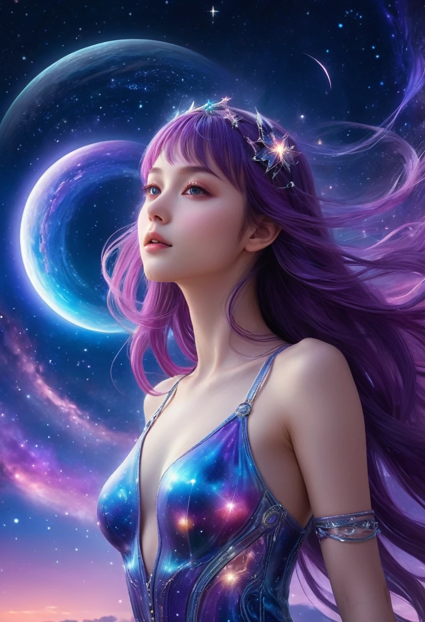 (Highest quality,4K,8k,High resolution,masterpiece:1.2),Very detailed,(Realistic,photoRealistic,photo-Realistic:1.37),Night Sky, Spiritual cosmic beings (Translucent girl:1.5), beautiful, whole body, slender, Beautiful feet, Front facing, Long Hair, Purple Hair, Straight Hair, , With bangs, Long bangs , Fluttering Hair,cyber punk, Fantasy, dream-like, Astronomical Diagram, 息を呑むほどbeautiful星空, Mysterious Galaxy, Sparkling constellations, Vivid nebulae, Swirling colors, Shining Moon, Shining Northern Lights, Fascinating Stardust, Otherworldly atmosphere, Heavenly brilliance, Infinite Expansion, Heavenly Beauty, Transcendent Existence, Seductive energy, celestial harmony, Heavenly Silence, Space Serenade, An ethereal whisper, Fascinating space dance, The Graciousness of God, Heavenly brilliance, space magic,