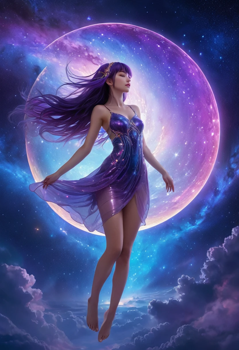 (Highest quality,4K,8k,High resolution,masterpiece:1.2),Very detailed,(Realistic,photoRealistic,photo-Realistic:1.37),Night Sky, Spiritual cosmic beings (Translucent girl:1.5), beautiful, whole body, slender, Beautiful feet, Front facing, Long Hair, Purple Hair, Straight Hair, 15 years old, With bangs, Long bangs , Fluttering Hair,cyber punk, Fantasy, dream-like, Astronomical Diagram, 息を呑むほどbeautiful星空, Mysterious Galaxy, Sparkling constellations, Vivid nebulae, Swirling colors, Shining Moon, Shining Northern Lights, Fascinating Stardust, Otherworldly atmosphere, Heavenly brilliance, Infinite Expansion, Heavenly Beauty, Transcendent Existence, Seductive energy, celestial harmony, Heavenly Silence, Space Serenade, An ethereal whisper, Fascinating space dance, The Graciousness of God, Heavenly brilliance, space magic,