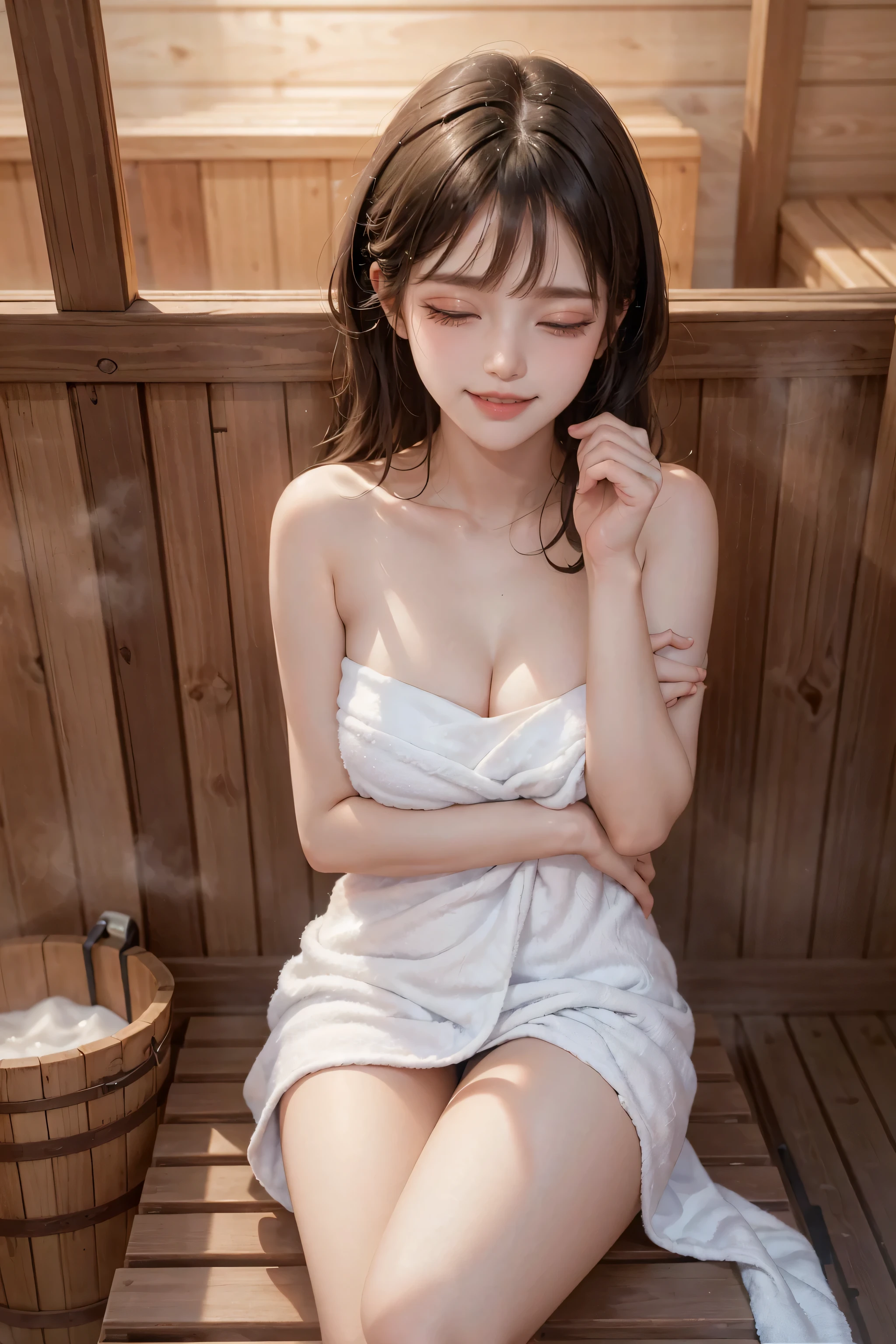 ((16K)),(masterpiece:1.3, Highest quality, Ultra-high resolution, Super detailed), (Realistic, photoRealistic:1.4), Perfect lighting, colorful, Depth of written boundary, Browsing Caution, Surrealism,Face Light,Beautiful detailed hair,((Beautiful eyelashes)), Beautifully detailed face, Beautiful fine details, Beautiful clavicle, Beautiful body, thin脚,Beautiful breasts, Beautiful feet, Beautiful Hands, Pointed Chest, thin, 1 girl,23 years old, Perfect Face, Long eyelashes,Perfect Anatomy, Supermodel with a long neck,((Skinny1.3)),looking at the camera,(Perfect Anatomy,Anatomically correct, Highly detailed skin), Shiny skin,((beautiful girl:1.1)),((paw pose:1.2)),,((Two Side Up Hairstyle)),(Mid-length hair:1.4, Wavy Hair:1.2, Black Hair) ,((See-through bangs:1.2)),Dainty facial structure,((Open your mouth wide, close your eyes and smile:1.4)),((Spread legs:1.3)),Create an image of a beautiful woman relaxing in a sauna. She looks calm and satisfied, Enjoy the cozy warmth.(( She is wrapped in a towel)), Her hair is a little damp from steam. The sauna is warm, Wood panel, Soft light shines in, Create a calm atmosphere. In the background, a wooden bench and a sauna bucket with a ladle are depicted.. The overall atmosphere is quiet and inviting., Emphasise feminine relaxation and a peaceful environment.