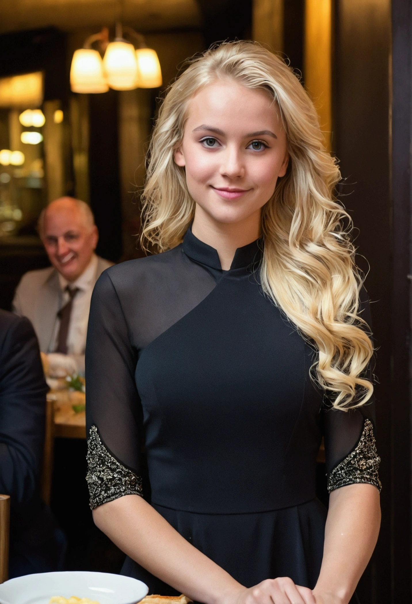 photographie couleur, plan médian, Robe noire, premier plan, ((Une photo réaliste d'une belle jeune fille blonde de 25 ans)) au restaurant