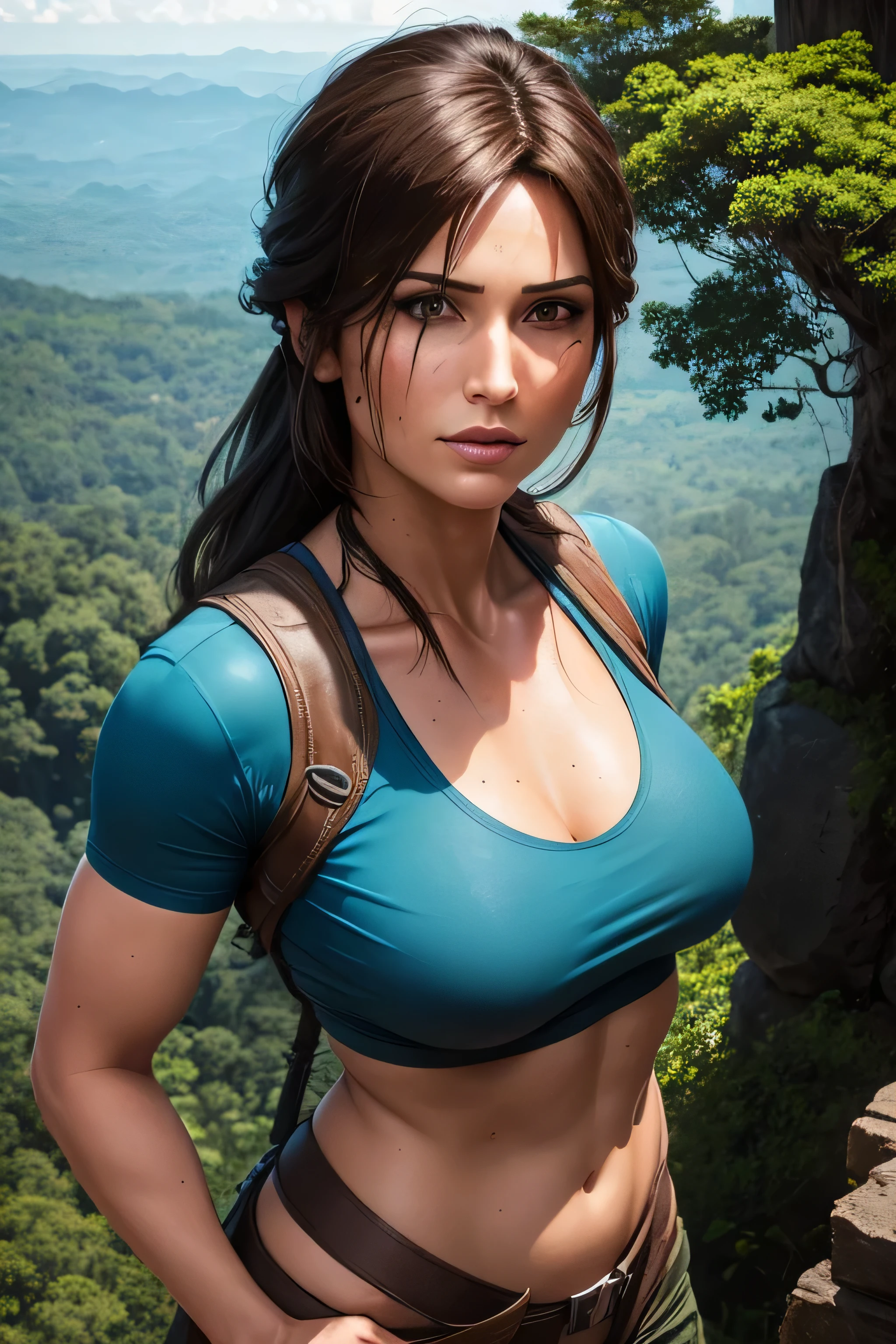 Lara Croft standing at a viewpoint in the jungle. a large temple seen in the distance among the trees of a dense forest. Beautiful face. Ultra detailed face. Wearing a light blue t-shirt and black spandex pants.