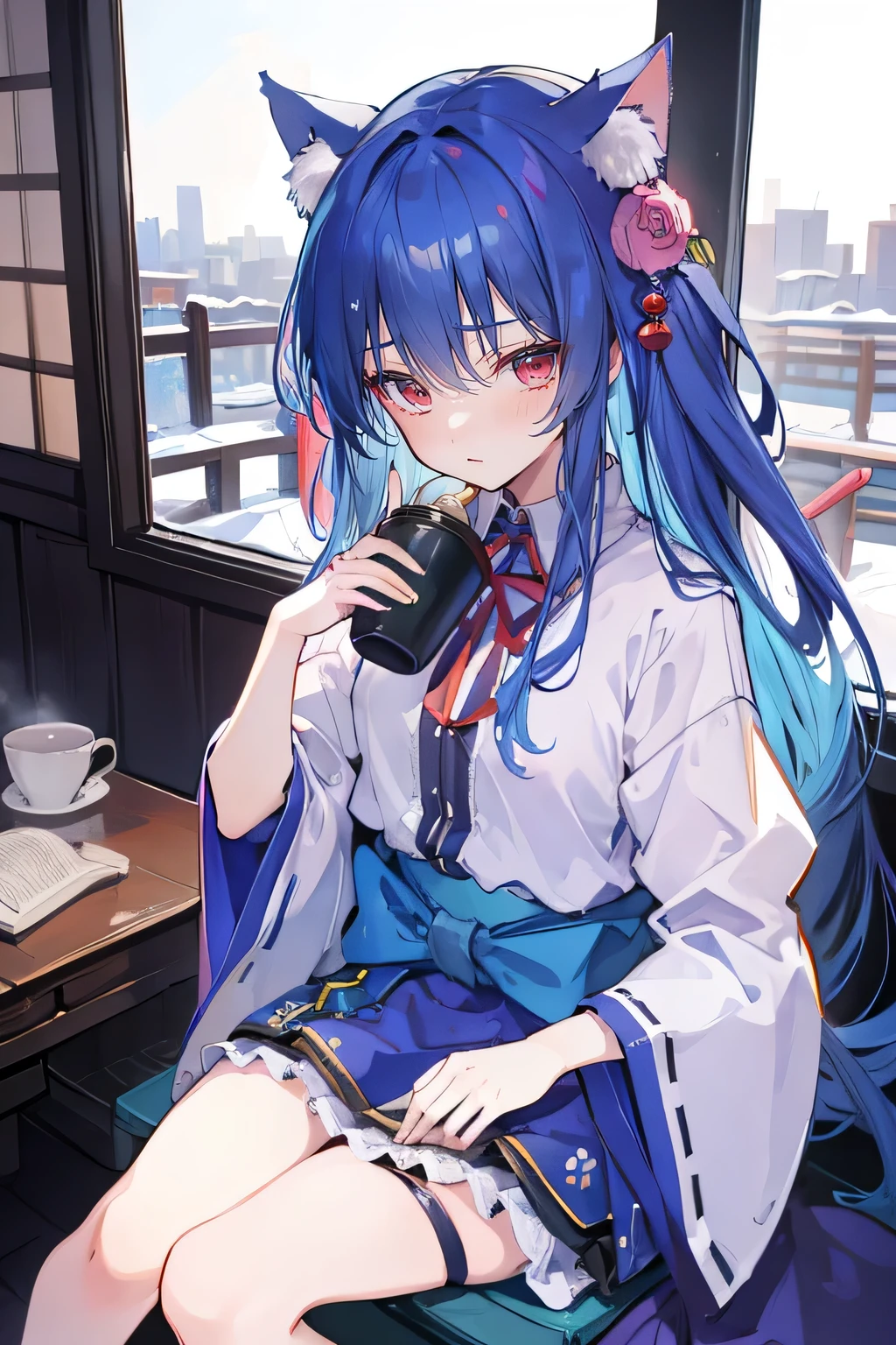 (Masterpiece:1.2)，Ultra-detailed，lifelike，The eyes are expressive，Fair skin，Perfect face shape，1 girl，Japanese Manga，Gorgeous blue hair，Flowing blue hair，Flowing clothes，Cat ears，Petals falling，Smile，Tokyo background，background，heavy snow，winter.Highest quality，perfect face，sitting on window sill drinking coffee and looking out the window。