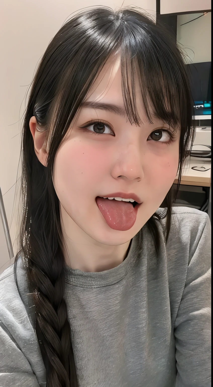 (Ultra HD、Ultra-high resolution、8k)、((Viewer:1.8))、(Extremely realistic skin texture:1.4)、(Realistic:1.3)、(smile:0.4)、20-year-old female、Long Black Hair、(Face close-up:1.34)、(Sweat:1.4)、（Nipples are visible、Showing off nipples、valley）、Sticking out tongue、Drooling