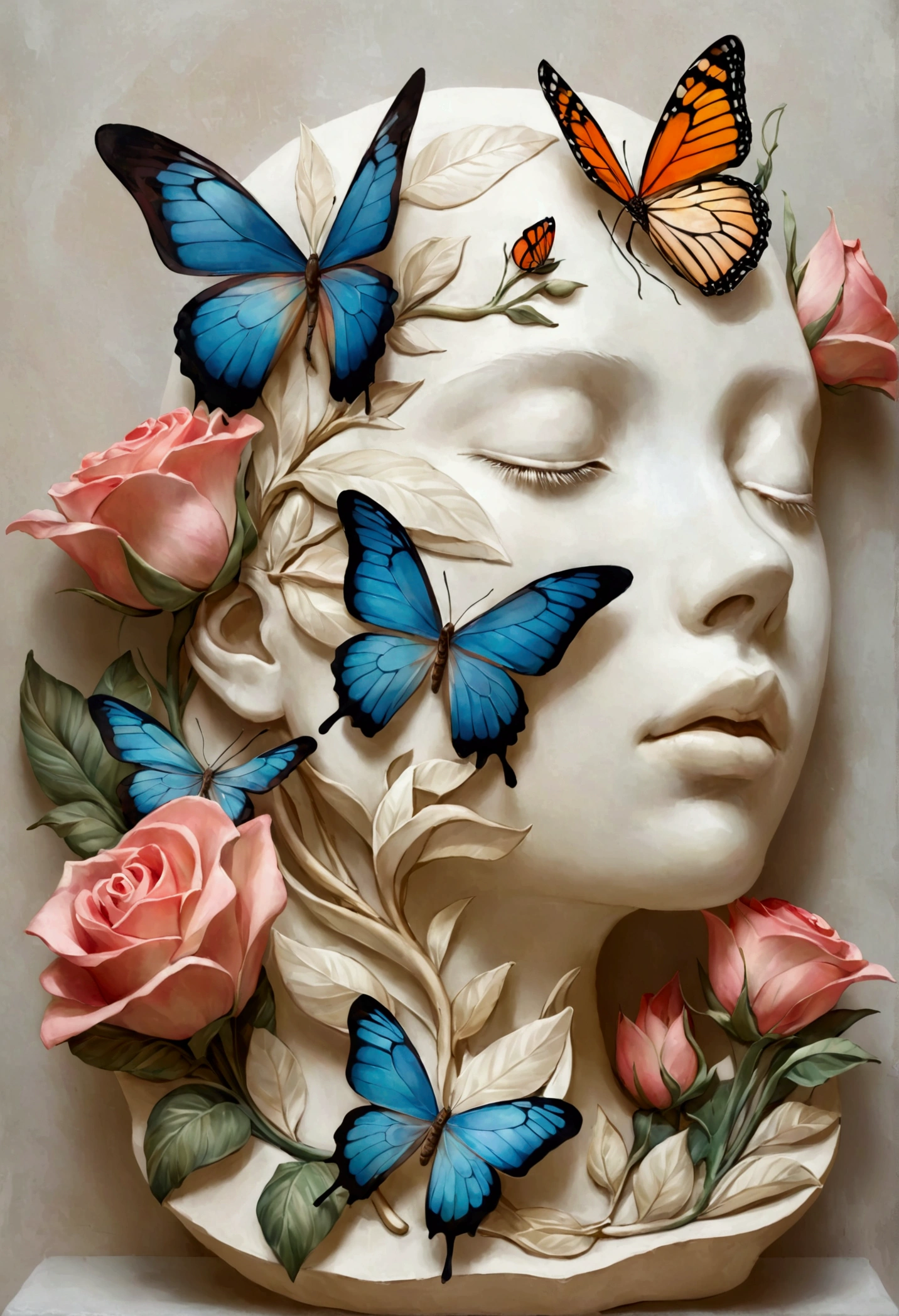 Inspired by Marco Mazzoni,Profile plaster portrait - head up，bird、Butterfly、Plants and flowers。
