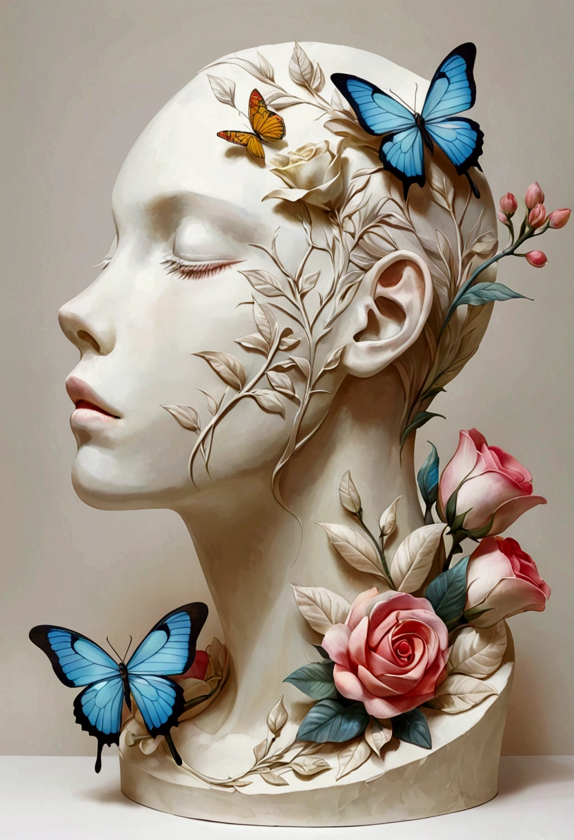Inspired by Marco Mazzoni,Profile plaster portrait - head up,bird、Butterfly、Plants and flowers。