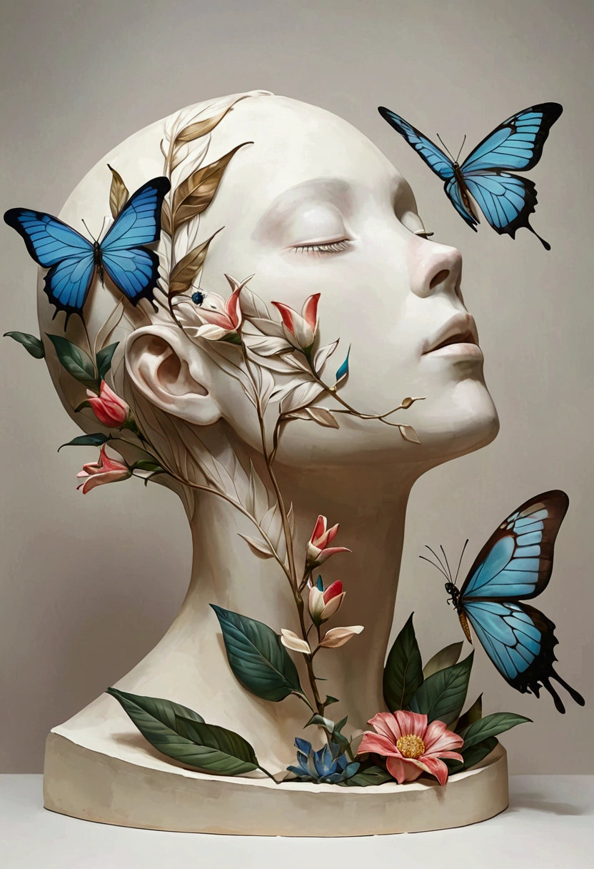Inspired by Marco Mazzoni,Profile plaster portrait - head up,bird、Butterfly、Plants and flowers。