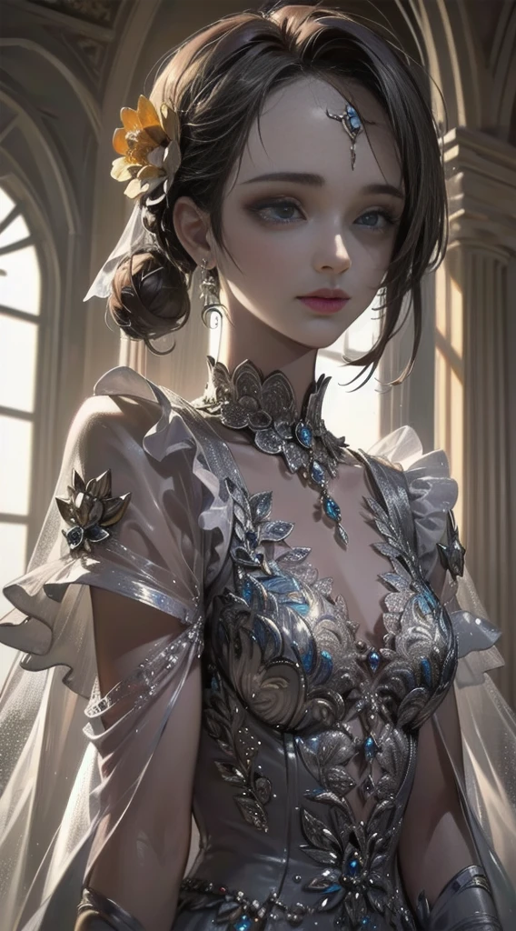 (Masterpiece, Best quality, Upper body:1.4), 1girll, (Close up:1.1), Sublime walls, Castle hall, Blue eyes, 8K, RAW photo, absurderes, fractalized, Perspective, Depth of field, hdr, Sharp focus, A high resolution, Photography, Realistic, highest details, extreme detailed details, Ultra detailed, finedetail, IvoryGoldAI