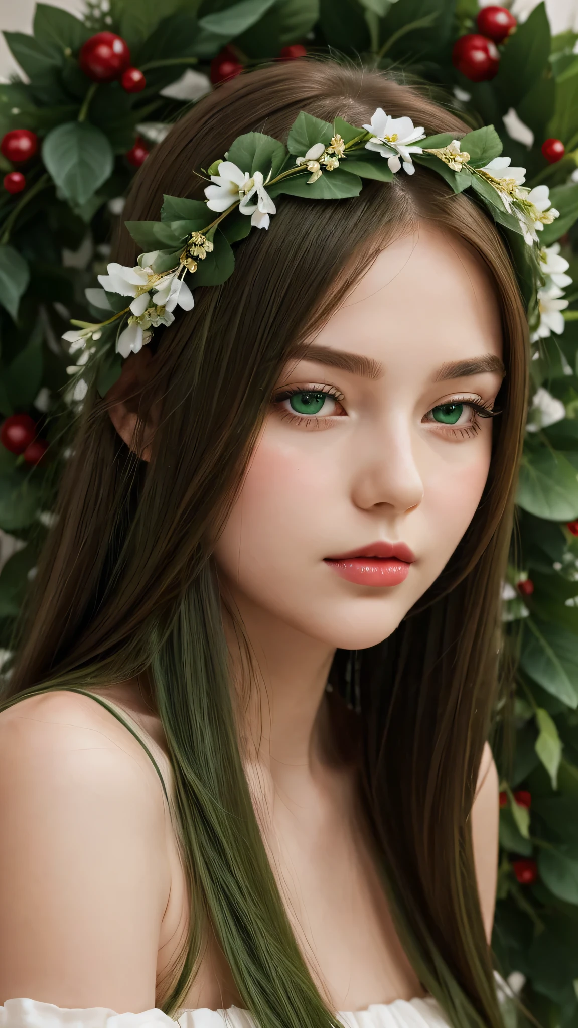 a girl.  face sent feeling.  Europe.  Oval face.  long face.  delicate facial features.  half-closed eyes.  seductively seductive.  green eyes.  Red lips.  long straight hair.  green hair.  wreath on head.  shy.  big body.  big thighs.  simple white dress.