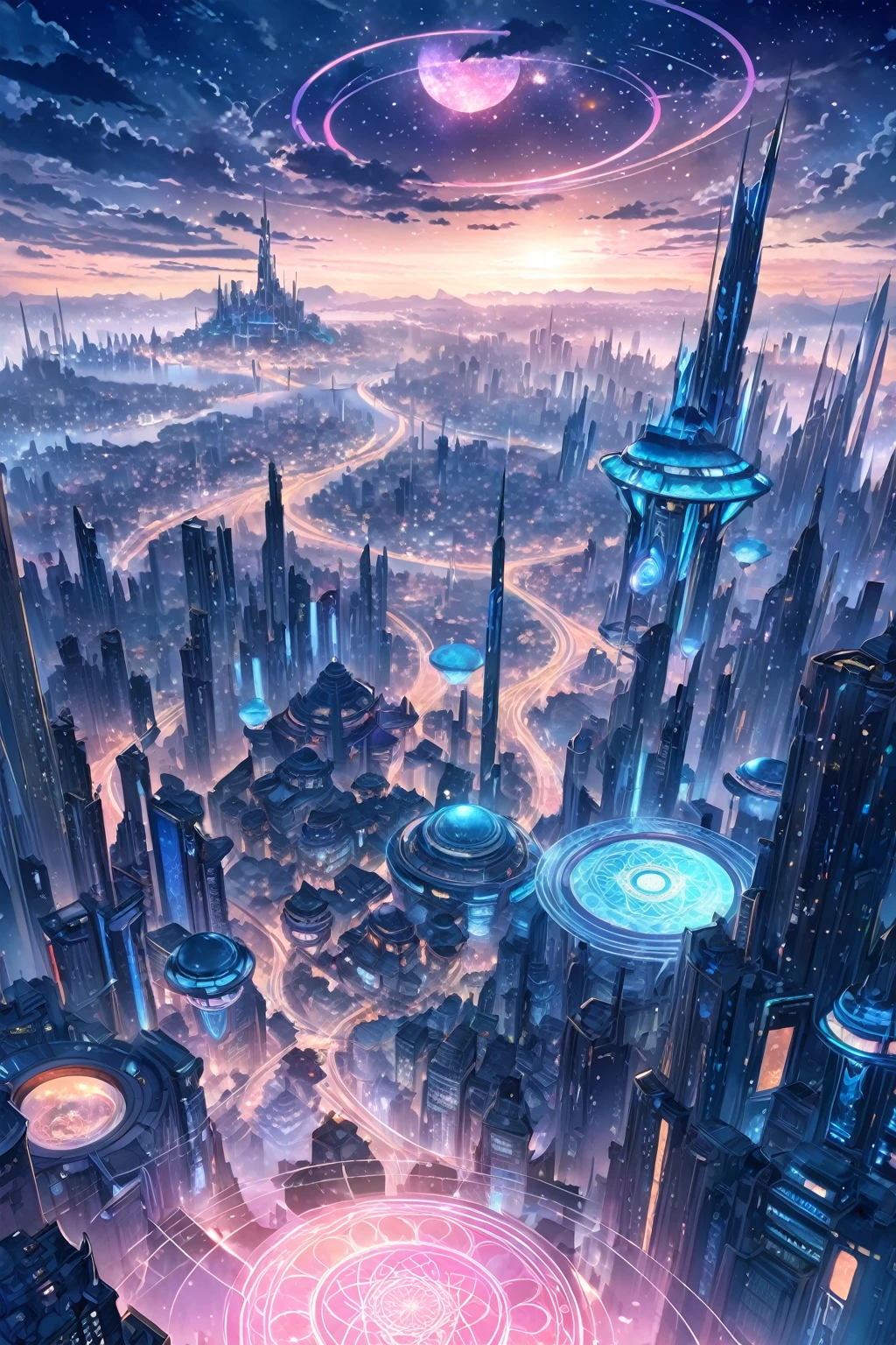 A painting of a Highly detailed, beautiful landscape, Futuristic city fantasy city, metropolitan, futuristic city with magic circle, concept art inspired by Tosa Mitsuoki, pixiv contest winner, best quality, fantasy art, beautiful anime scene, dream painting, Anime Background Art, Fantasy Landscape Art, Fantasy Night, Anime Background, Background Artwork, Fantastic Art, Atmospheric Anime, Night Sky, Detail Enhanced.
