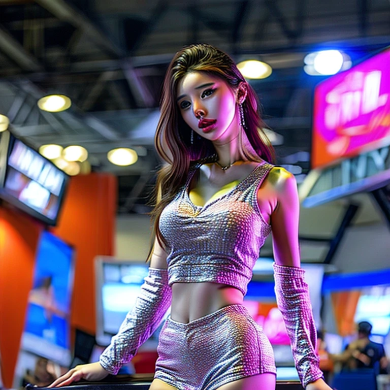  GameShow event girls, (((Song Joo A))) mini skirt with visible crotch, Full of (Game machine),(pleasure in heaven, life and eternity). (Full body shot:1.2),intricate,ultra detailed,expression art,grand scale,epic,zoomed out,wide angle. (ExtremelyDetailed Beautiful face).  NEGATIVE_HAND