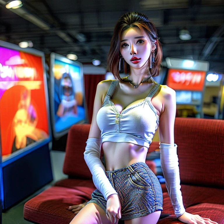  GameShow event girls, (((Song Joo A))) mini skirt with visible crotch, Full of (Game machine),(pleasure in heaven, life and eternity). (Full body shot:1.2),intricate,ultra detailed,expression art,grand scale,epic,zoomed out,wide angle. (ExtremelyDetailed Beautiful face).  NEGATIVE_HAND