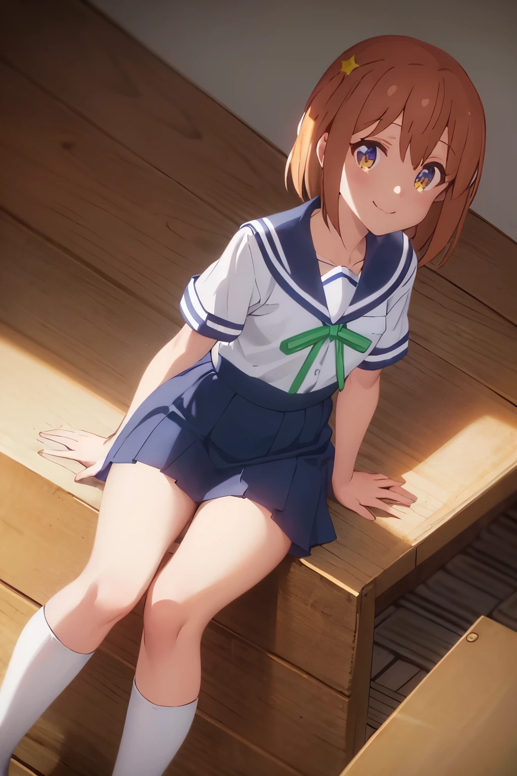 {Highest quality:1.5}, (masterpiece:1.3), High resolution, Sitting, one person, one personの少女, is open_mouth, アニメ_Coloring, clavicle, White_socks, White_Knee-high socks, looking at viewer, (Beautiful attention to detail:1.6), Highly detailed face, Highly detailed CG, (Perfect hands), Low angle, flat chested, Slender, leggy, small breasts, glistening, smile, joyful, big smile, happy smile, heartwarming smile, :d, Sailor suit, Short sleeve_uniform, uniform, green_ribbon, Navy Blue_skirt, White_socks, White knee-high socks, brown_loafers,