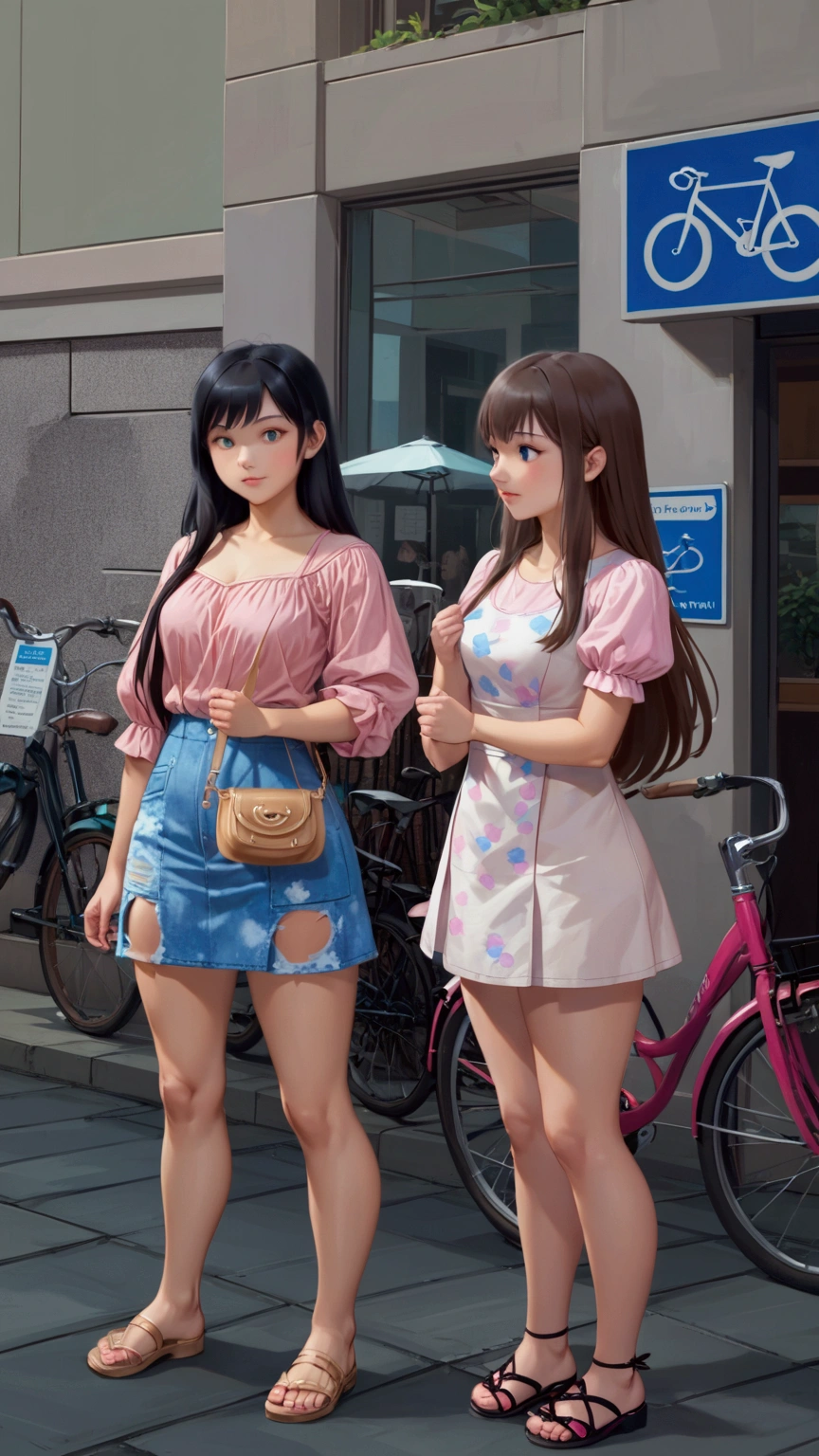 realistic anime of 2 pretty young woman, on city street, bicycle park lots behind them, (both long hair), (one girl wearing pink blouse, light-blue ripped denim pencil mini skirt), (another girl wearing amber mini dress)