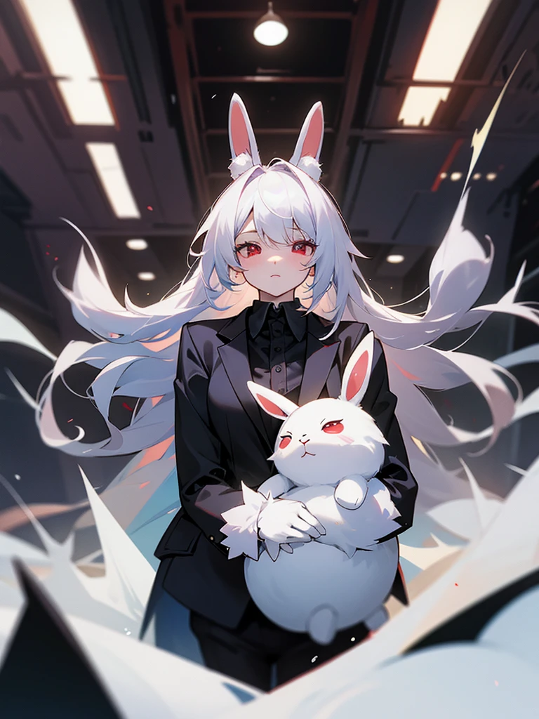 A little plush bunny wearing black suit, red eyes, fantasy world, medieval enviroment, inside an office, fluffy bunny, plush bunny