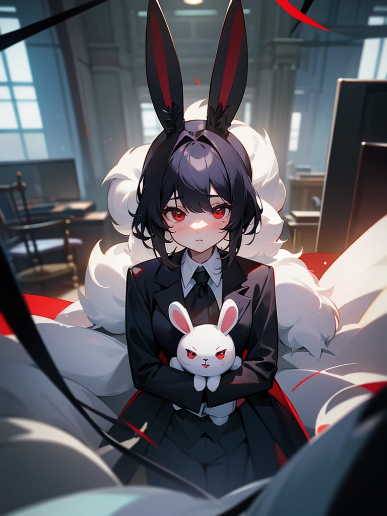 A little plush bunny wearing black suit, red eyes, fantasy world, medieval enviroment, inside an office, fluffy bunny, plush bunny