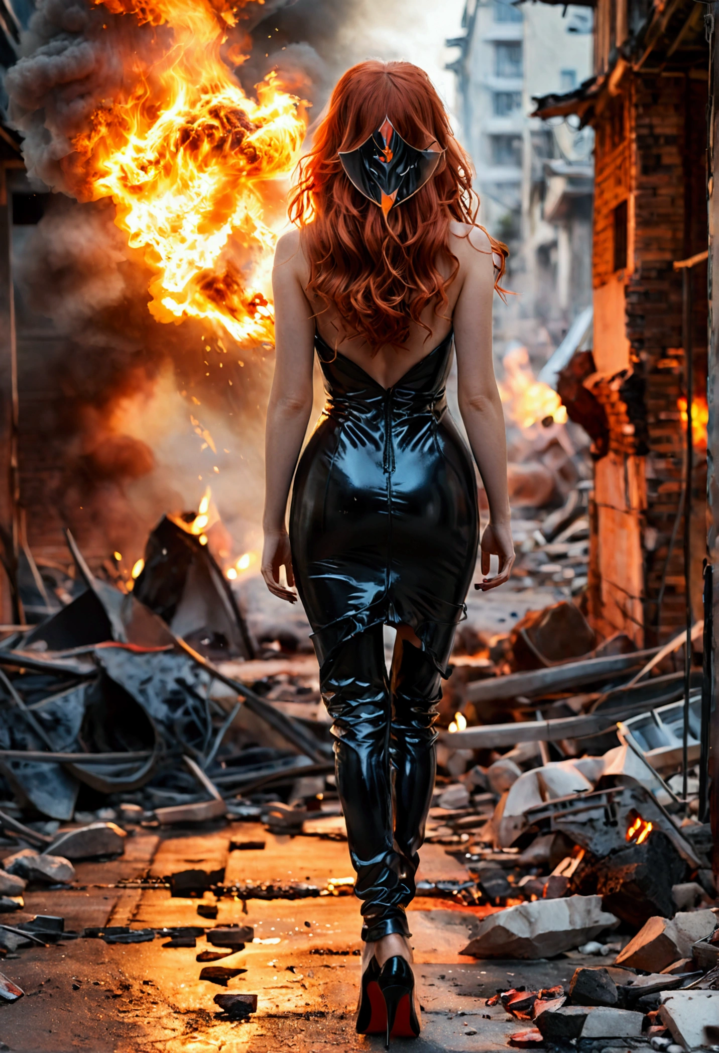 (full body shot:1.1) photorealistic image of a (standing pose:1.1) woman, ultrarealistic, photography, long red hair, girl, 24 years old, hourglass figure, perfect body, Flirty look, extremely detailed artgerm, in the style artgerm, facing the camera, lens 35 mm, blur background, sexy evil goddess, black see-through dress, fire is coming out of her hands, she is walking through the street of a destroyed city, a big fireball erupts behind her, show her head to toe, wearing black elegant high heels, she is facing the camera (facing the camera:1.3), body turned to camera