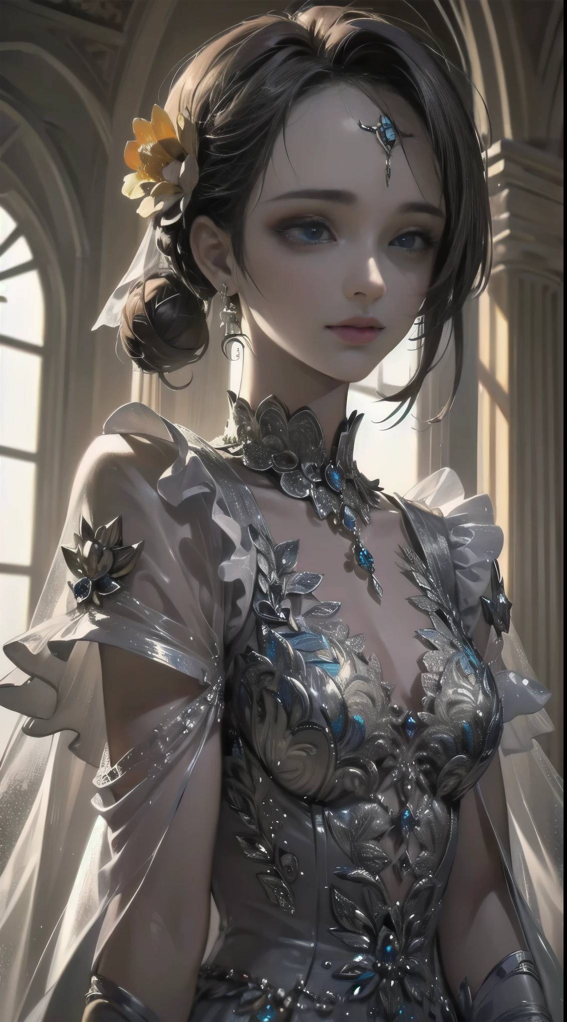 (Masterpiece, Best quality, Upper body:1.4), 1girll, (Close up:1.1), Sublime walls, Castle hall, Blue eyes, 8K, RAW photo, absurderes, fractalized, Perspective, Depth of field, hdr, Sharp focus, A high resolution, Photography, Realistic, highest details, extreme detailed details, Ultra detailed, finedetail, IvoryGoldAI