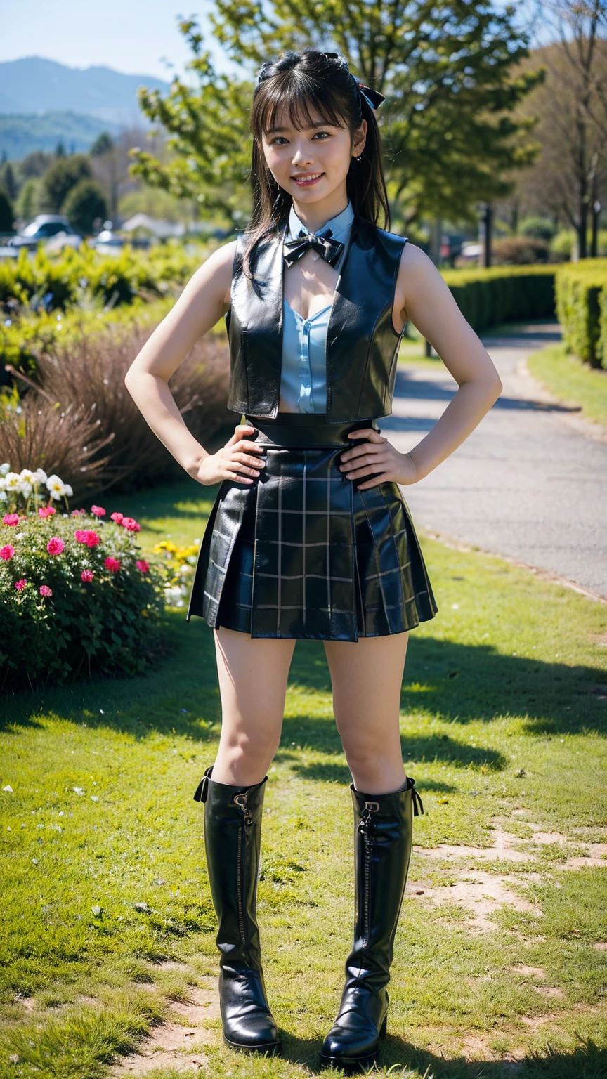(8k、RAW Photos、Highest quality、masterpiece:1.2)、(Realistic、Realistic)、1 Girl、((See-through、Idol Costume、Exposed Skin、ribbon、Leather vest、Light blue and black checked mini skirt、Frilledium Hair、smile、whole body、boots、garden、View from the front、Looking at the camera、Hands on your hips))、cute