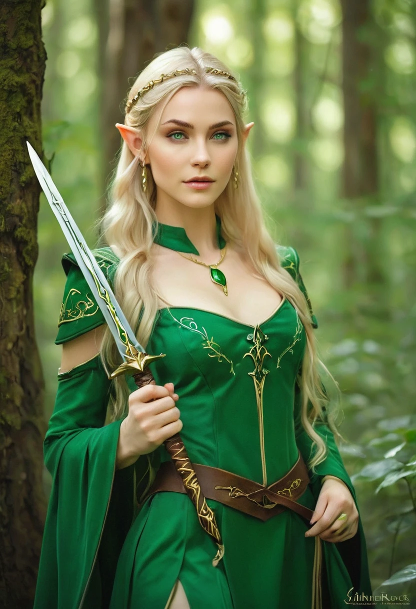 woman in a green dress with a sword in her hands in the forest, воинственная поза elven princess воинов, like a medieval fantasy character, alluring elven princess knight, blonde emerald warrior, elven princess, very beautiful elven top model, beautiful elven princess, Blonde Elven Empress, fantasy photo shoot, Fantasy character photo, elven princess, AnnaSophia Robb - Link of a woman with long blonde hair in a green dress, female elf, elven character with smirk, beautiful and elegant female elf, elf, a elf portrait, elf portrait, portrait female elf wizard, female elfling, portrait of a женщин(Best quality:1.2, realistic:1.37)a-elf warlock, portrait of a very beautiful elf, elven princess