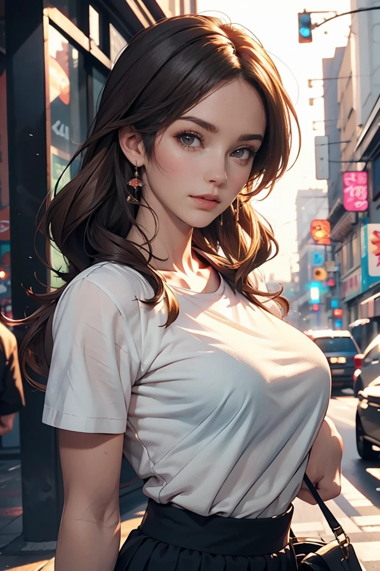 high quality, 4K, in frame, Close-up portrait of a brunette woman in white shirt and light blue skirt, Realistic anime girl rendering, Cute 3D anime girl rendering, April Rendering, Anime vtuber full body model, Full body gorge, live2d virtual youtuber model, Smooth anime CG art, Realistic portrait full body realistic anime 3D style, Realistic full body  