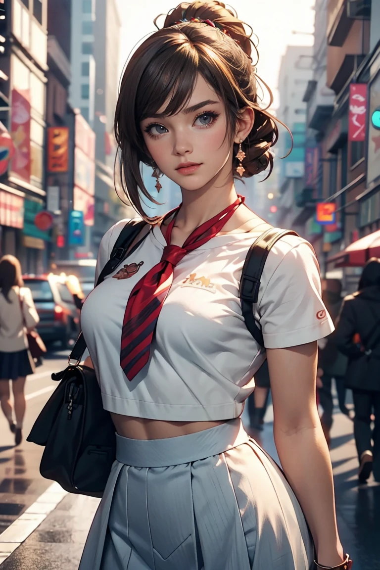 high quality, 4K, in frame, Close-up portrait of a brunette woman in white shirt and light blue skirt, Realistic anime girl rendering, Cute 3D anime girl rendering, April Rendering, Anime vtuber full body model, Full body gorge, live2d virtual youtuber model, Smooth anime CG art, Realistic portrait full body realistic anime 3D style, Realistic full body