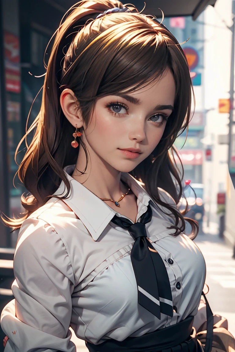 high quality, 4K, in frame, Close-up portrait of a brunette woman in white shirt and light blue skirt, Realistic anime girl rendering, Cute 3D anime girl rendering, April Rendering, Anime vtuber full body model, Full body gorge, live2d virtual youtuber model, Smooth anime CG art, Realistic portrait full body realistic anime 3D style, Realistic full body