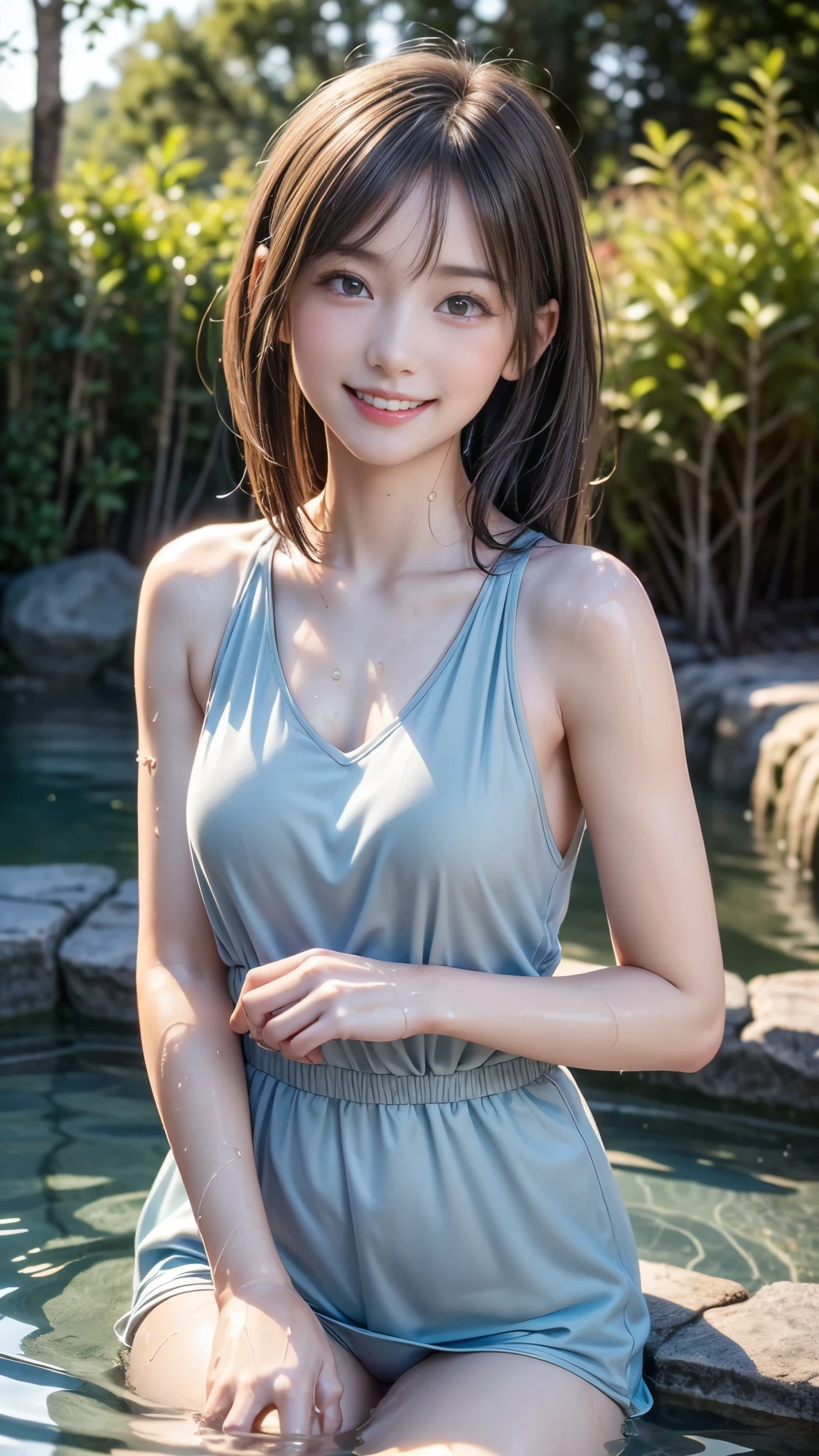 ((14 year old beautiful girl)), very cute, Great face and eyes, (Beautiful lovely smile, Baby Face:1.5), (Very detailed美しい顔), Bright and shiny lips, Sexy look, Keep staring at me, (Immerse yourself in water up to your shoulders:1.5), Small breasts, Slender body line, Smooth Skin, Narrow waist, so beautiful, Charm, (Highest quality:1.4), (super high quality), (Very detailed), (Ultra-realistic, Photorealistic:1.37), Real skin texture, Intricate details, Very detailed CG 統合 8k 壁紙, RAW Photos, Professional photography, Cinema Lighting, (Enter the hot spring), ((Hot water spring, Open-air bath, forest, forest, sunset)),