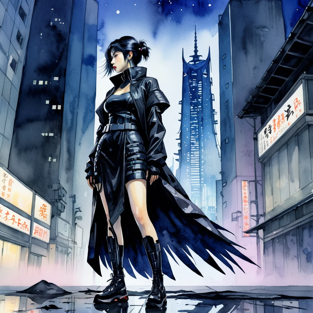 Cartoon. Cyberpunk. Full-length photo. The background is a Japanese skyscraper at midnight. Mobius style. Watercolor of heroine in profile on the ground dressed as a black crow.