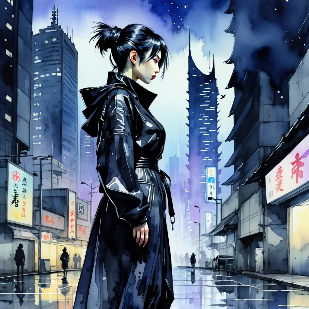 Cartoon. Cyberpunk. Full-length photo. The background is a Japanese skyscraper at midnight. Mobius style. Watercolor of heroine in profile on the ground dressed as a black crow.