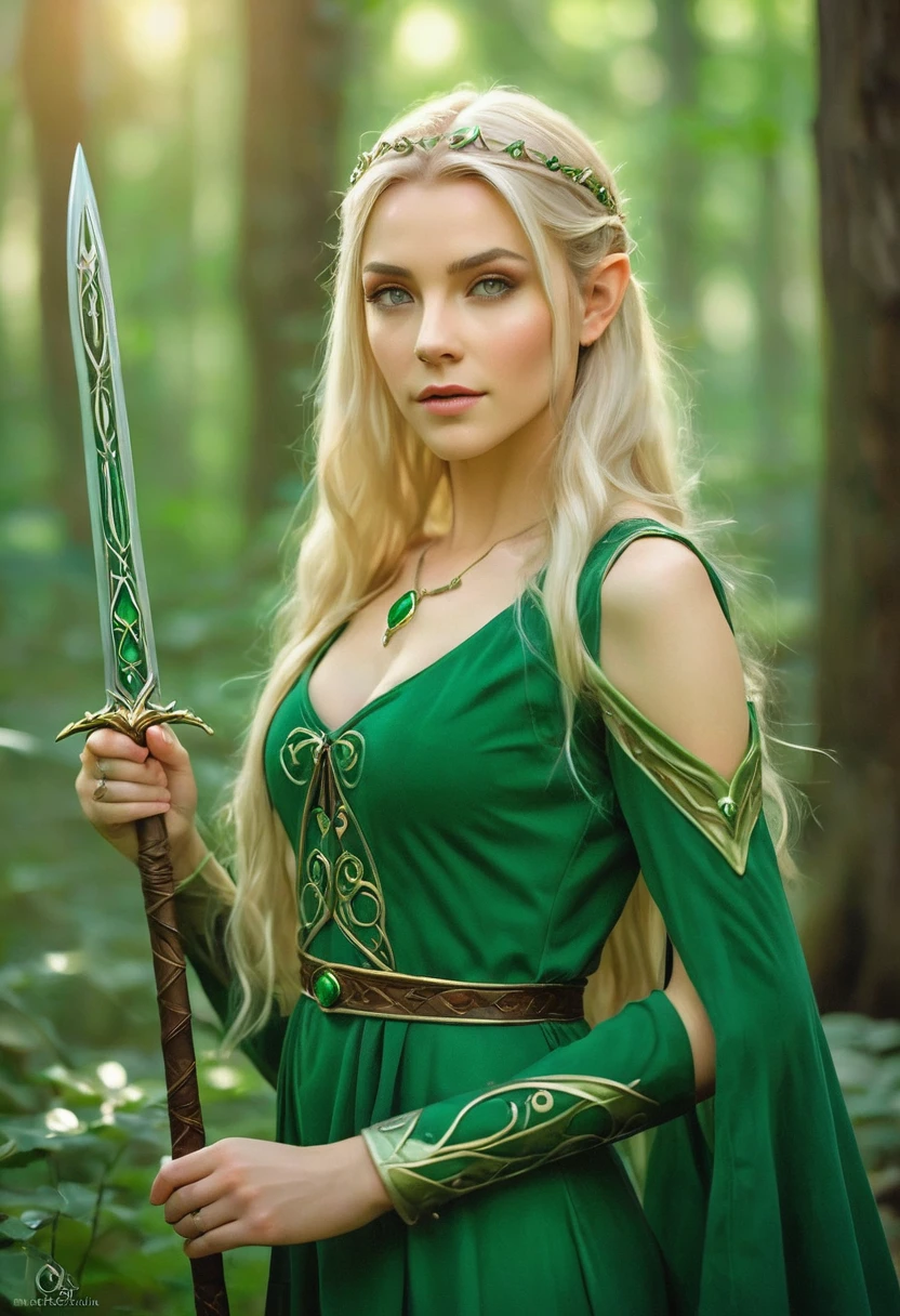 woman in a green dress with a sword in her hands in the forest, воинственная поза elven princess воинов, like a medieval fantasy character, alluring elven princess knight, blonde emerald warrior, elven princess, very beautiful elven top model, beautiful elven princess, Blonde Elven Empress, fantasy photo shoot, Fantasy character photo, elven princess, AnnaSophia Robb - Link of a woman with long blonde hair in a green dress, female elf, elven character with smirk, beautiful and elegant female elf, elf, a elf portrait, elf portrait, portrait female elf wizard, female elfling, portrait of a женщин(Best quality:1.2, realistic:1.37)a-elf warlock, portrait of a very beautiful elf, elven princess