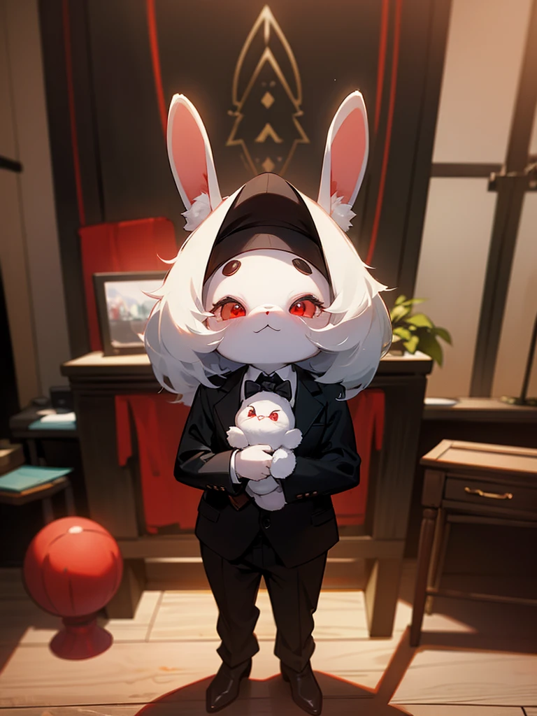 A little plush bunny wearing black suit, red eyes, fantasy world, medieval enviroment, inside an office, fluffy bunny, plush bunny