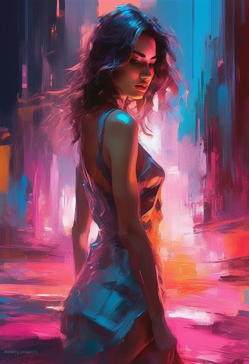 (llyjmscnd woman) art: Henry Asencio, close-up, lava lamp captured in ultra-realistic style, posing in the undulating glow of a neon atmosphere reminiscent of Syd Mead's futuristic aesthetic, the lava inside the lamp seamlessly morphs, soft focus background, neon glow, digital painting, dramatic lighting , artstation trend, sharp focus, studio photo, intricate details, high detail, cleavage, sexy, thigh, short skirt