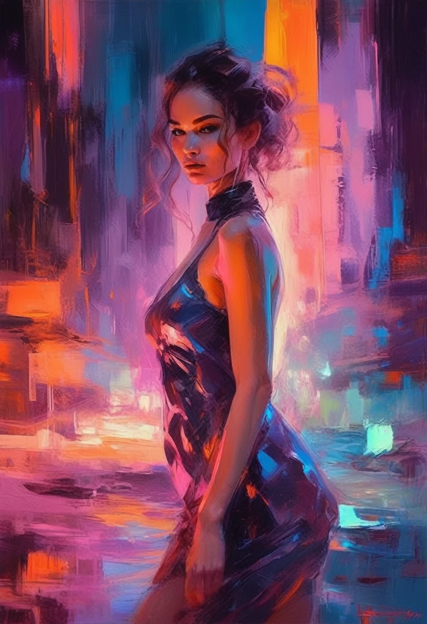 (llyjmscnd woman) art: Henry Asencio, close-up, lava lamp captured in ultra-realistic style, posing in the undulating glow of a neon atmosphere reminiscent of Syd Mead's futuristic aesthetic, the lava inside the lamp seamlessly morphs, soft focus background, neon glow, digital painting, dramatic lighting , artstation trend, sharp focus, studio photo, intricate details, high detail, cleavage, sexy, thigh, short skirt