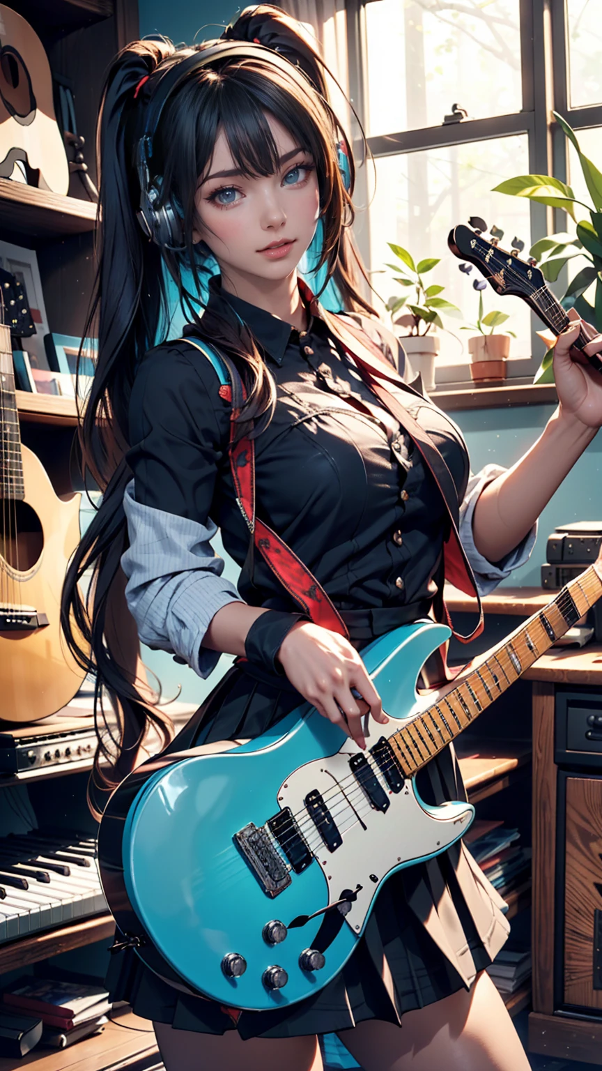 ((masterpiece, Highest quality))One girl, alone, Black Dress, blue eyes, electric guitar, guitar, Headphones, Double Ponytail, Holding, Holding plectrum, musical instrument, Long Hair, music, One side up, Turquoise Hair, Twin tails, guitarを弾く, Pleated skirt, Black Shirt, interior