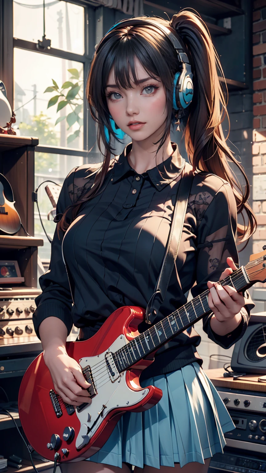 ((masterpiece, Highest quality))One girl, alone, Black Dress, blue eyes, electric guitar, guitar, Headphones, Double Ponytail, Holding, Holding plectrum, musical instrument, Long Hair, music, One side up, Turquoise Hair, Twin tails, guitarを弾く, Pleated skirt, Black Shirt, interior