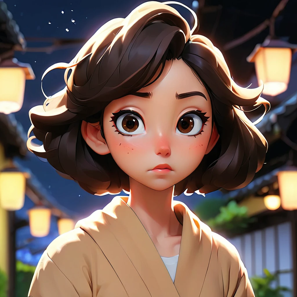 masterpiece, high resolution, illustration, kyoto animation style, your name is movie style, night, midnight, gentle light, bewitching light, (1 woman: 1.3), (solo: 1.4), long eyelashes, short bob, nose_blush, open_mouth, futon, nude, nude, towel, chilarism, dynamic perspective, perspective, bokeh, depth_of_field, from_ below