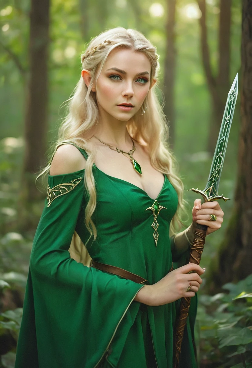 woman in a green dress with a sword in her hands in the forest, воинственная поза elven princess воинов, like a medieval fantasy character, alluring elven princess knight, blonde emerald warrior, elven princess, very beautiful elven top model, beautiful elven princess, Blonde Elven Empress, fantasy photo shoot, Fantasy character photo, elven princess, AnnaSophia Robb - Link of a woman with long blonde hair in a green dress, female elf, elven character with smirk, beautiful and elegant female elf, elf, a elf portrait, elf portrait, portrait female elf wizard, female elfling, portrait of a женщин(Best quality:1.2, realistic:1.37)a-elf warlock, portrait of a very beautiful elf, elven princess