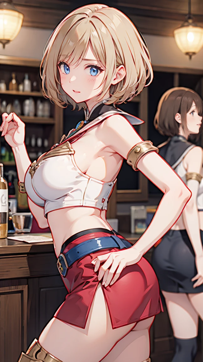 (masterpiece, best quality), looking back,A group of female adventurers set in a medieval fantasy world.3people,Dancer、 (At the pub), Mr..々Hairstyle, Harem, night, detailed aspects, Asheria:1.5, Asheria:1.3, short hair, Bobcut, Very short pleated mini skirt with embroidery pattern, Seduce, Sleeveless, armor 、Shoulder Armor、show off butterfly micro panties:1.25、Big Breasts、Big Ass、Wide waist、Pull up their skirts,Knee socks,