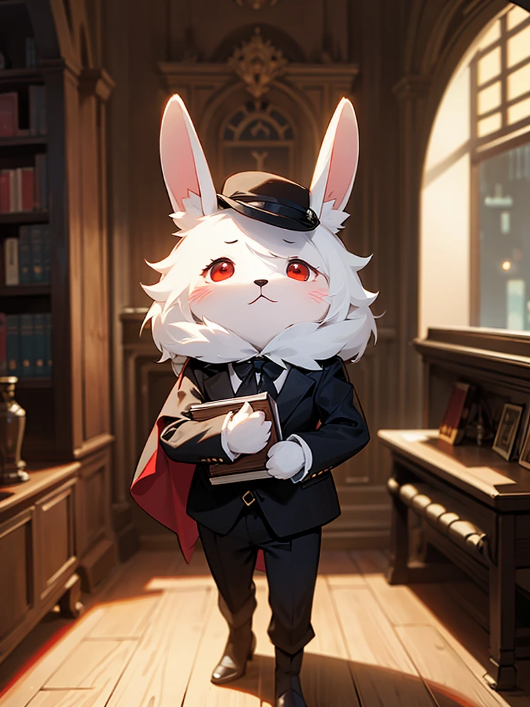A little plush bunny wearing black suit, red eyes, fantasy world, medieval enviroment, inside an office, fluffy bunny, plush bunny, holding a book