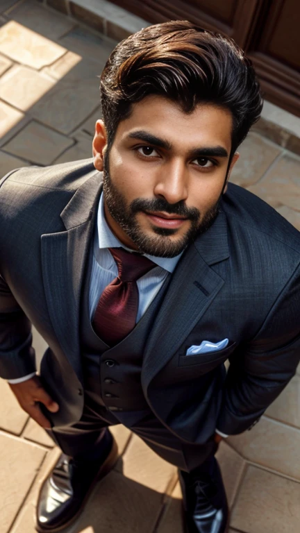 masterpiece, best quality, high resolution, closeup portrait, male focus, half body focus, from above view, A indian man, 30 years old, with business suit, formal shoes and socks, brown hair, messy hairstyle, cute and seductive face, big chest, facial hair, roman nose, very skinny body, hairy legs, dimples, beard, bold jawline, his perfect big penis is coming out, masterpiece, below, amazing composition, front view, HDR, ultra quality, elegant, highly detailed, in sunlight 