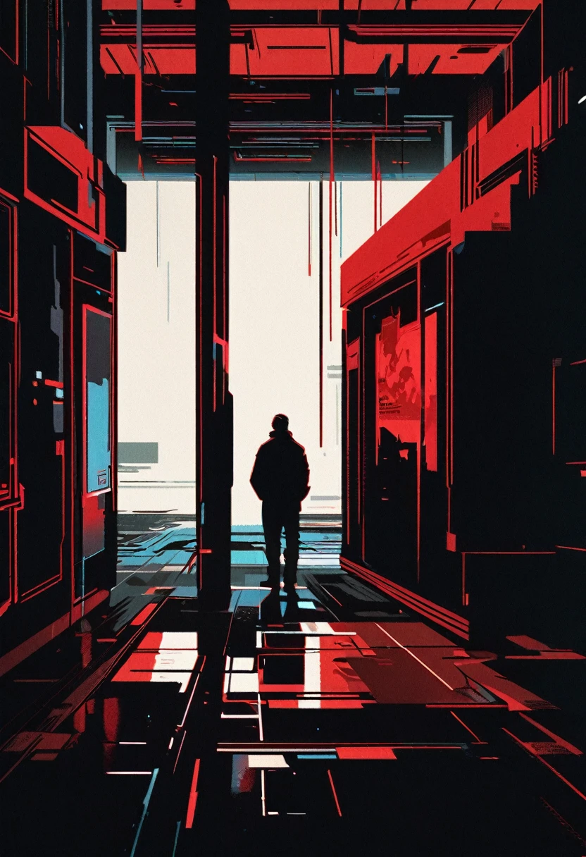 Digital art, with red tone with high contrast,
high presence of dark spaces, in a cartoon style, defined drawing lines, soft lighting, movie poster, a man from behind using his notebook in an empty office room. A gloomy atmosphere is depicted, cyberpunk art style, feeling of loneliness, liminal space, empty space, empty setting, poster