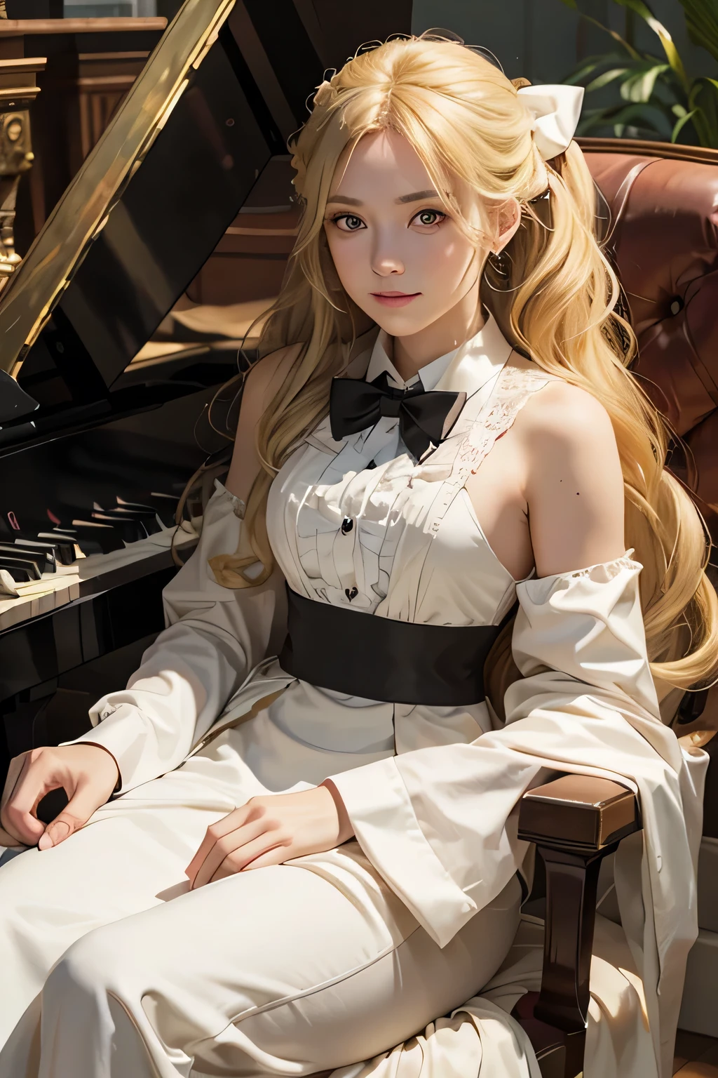 Normal hand,Facing the camera,Positive face,High Blonde Long Hair,Long dress with bow tie,Sit at the piano,Hands in pockets