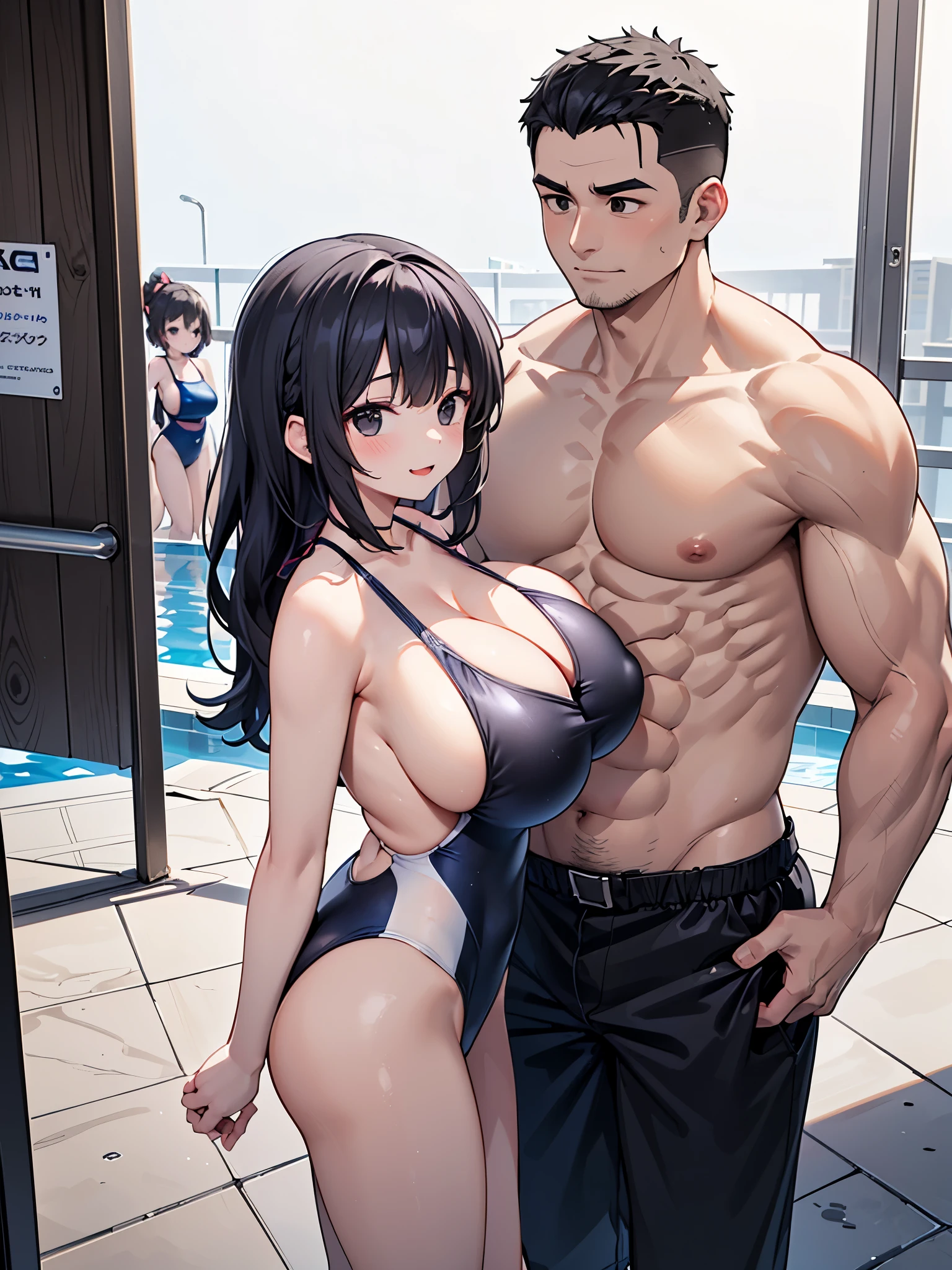 ((Pool:1.2)),(((1 man & 1girl is lined up:2.0))),((A woman with huge breasts is wearing a high-cut swimsuit:2.0)),((1. The man is shirtless.:2.0)),(Smiling Beam:1.5), Two people,Highest quality, 4K, masterpiece, Very detailedな, Studio Lighting, Hilarious, Vivid expression,super high quality, Very detailed,Perfect photo,3d,8k,High resolution,Black Hair,(black eye:1.5),Sporty hairstyles,Smooth anime CG art,