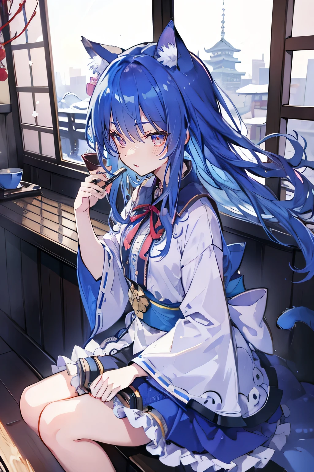 (Masterpiece:1.2),Ultra-detailed,lifelike,The eyes are expressive,Fair skin,Perfect face shape,1 girl,Japanese Manga,Gorgeous blue hair,Flowing blue hair,Flowing clothes,Cat ears,Petals falling,Smile,Tokyo background,background,heavy snow,winter.Highest quality,perfect face,sitting on window sill drinking coffee and looking out the window.
