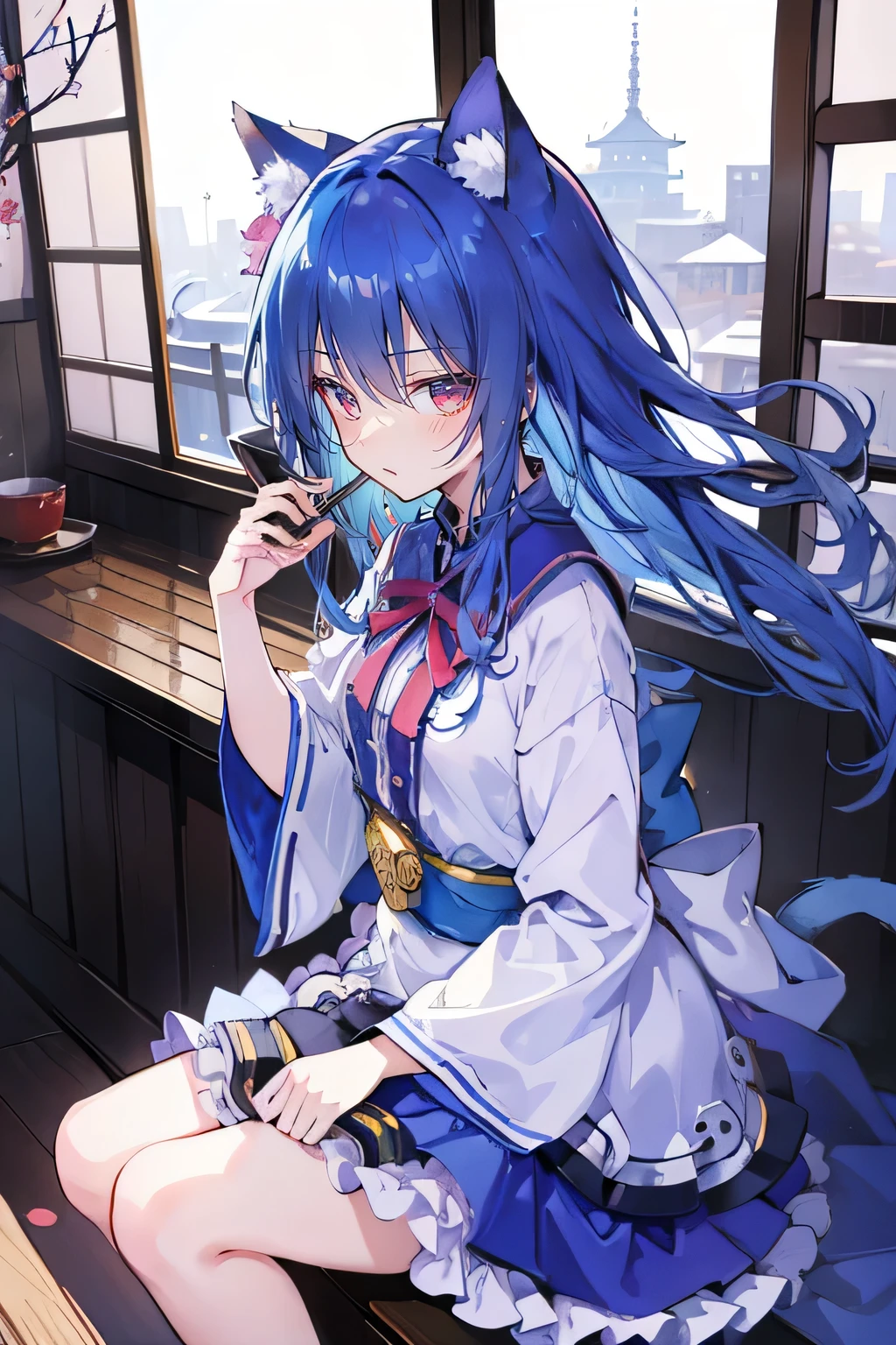 (Masterpiece:1.2),Ultra-detailed,lifelike,The eyes are expressive,Fair skin,Perfect face shape,1 girl,Japanese Manga,Gorgeous blue hair,Flowing blue hair,Flowing clothes,Cat ears,Petals falling,Smile,Tokyo background,background,heavy snow,winter.Highest quality,perfect face,sitting on window sill drinking coffee and looking out the window.
