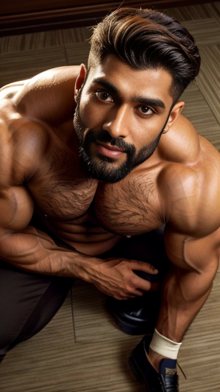 masterpiece, best quality, high resolution, closeup portrait, male focus, half body focus, from above view, A indian man, 30 years old, with business suit, formal shoes and socks, brown hair, messy hairstyle, cute and seductive face, big chest, facial hair, roman nose, very skinny body, hairy legs, dimples, beard, bold jawline, his perfect big penis is coming out, masterpiece, below, amazing composition, front view, HDR, ultra quality, elegant, highly detailed, in sunlight