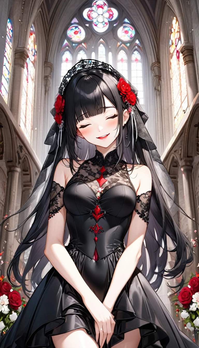 
(June Bride Style) (19, alone) ((Blunt bangs)) Sexy girl with long black hair down to her waist, Sexy eyes closed, Smile of love) ((compensate, Crimson Mouth)) (Sexy bride in stunning jet black silk:1.3. Jet black wedding dress), (In the sacred chapel), break, Perfect Anatomy, masterpiece, Highest quality, 16K, beautiful and detailed growth, Utopian performance.